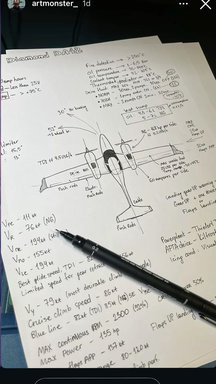 Handwritten training notes and aircraft performance reminders on a study sheet.